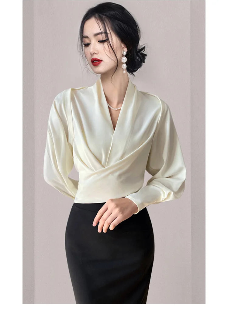 Autumn New Women's Long sleeved V-neck Shirt Top Short French Elegant Temperament Satin Effect Slimming Shirt Blouse