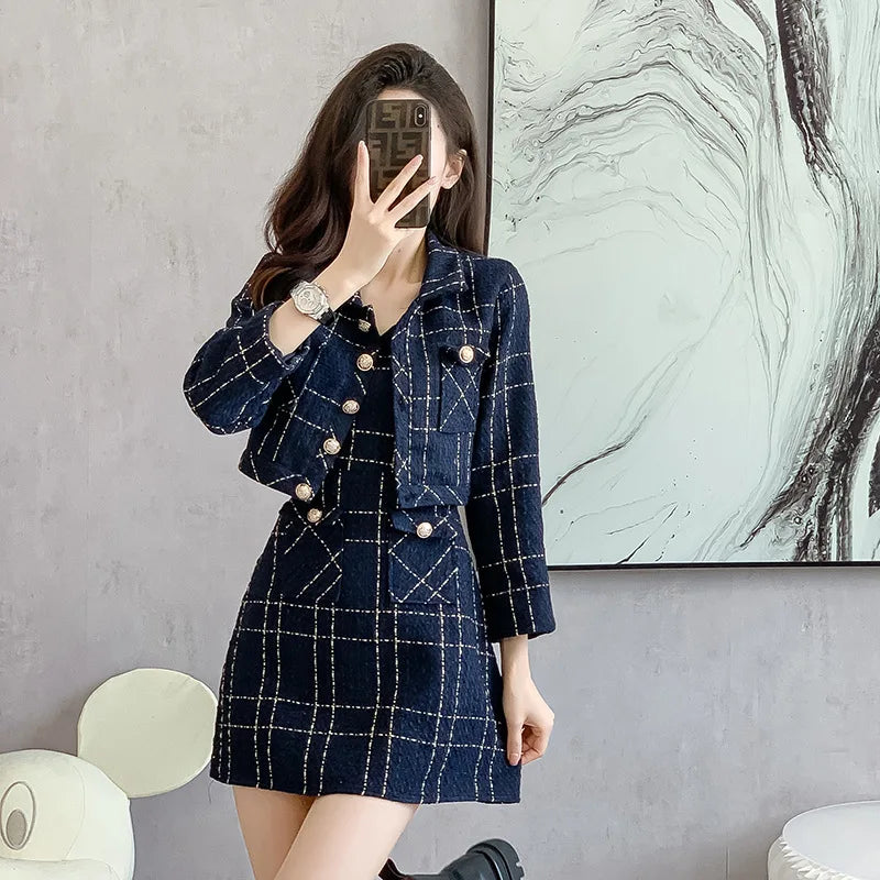 Women Checkered tweed Blazer 2-Piece Set Elegant Small Fragrance Wind Outfit Cropped Jacket+Mini Dresses Suit for Spring Autumn