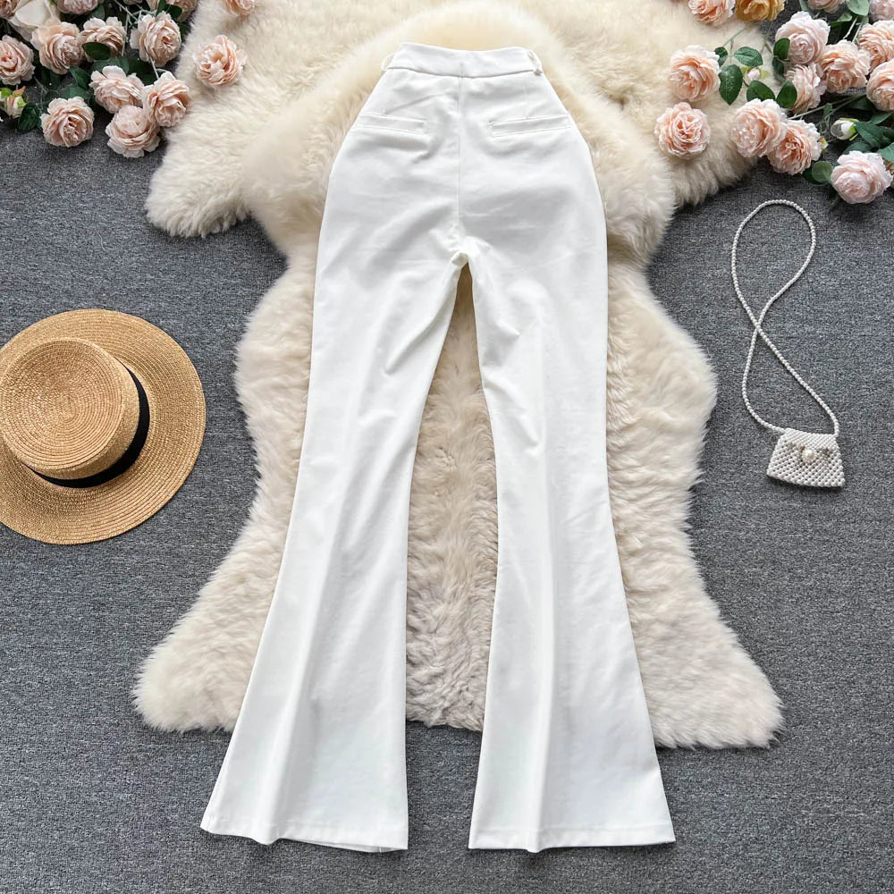 Spring Autumn Retro Flare Pants Women Casual High Waist Draping Slim Wide Leg Bottom Long Pants Korean White Black Trousers