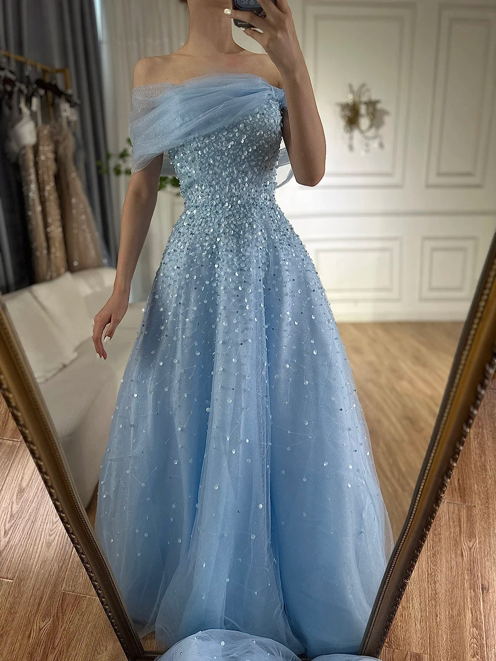 Serene Hill 2024 Arabic Blue Off The Shoulder Beaded Elegant A-Line Long Evening Dresses Gowns for Formal Occasion LA72009A