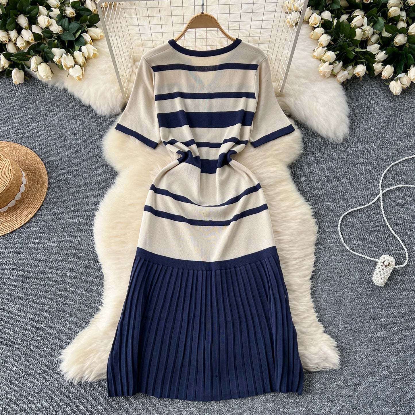 Sexy Chic short sleeve PATCHWORK v-Neck Striped Knit Dress Elegant Fashion Party Slim Summer A-line sweet dresses