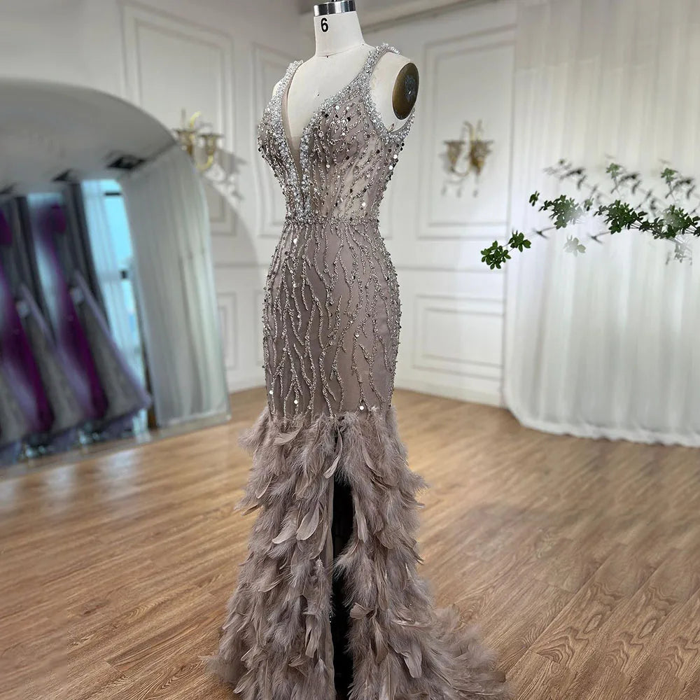 Serene Hill Pink Mermaid High Split Luxury Evening Dresses Feather Beaded Gowns Long 2024 For Women Wedding Party LA72152