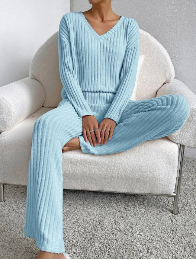 Pit striped Knitted Two Piece Set for Women Spring Solid Casual 2-piece V-neck Pullover Sweater+Straight Leg Pants Trendy Female