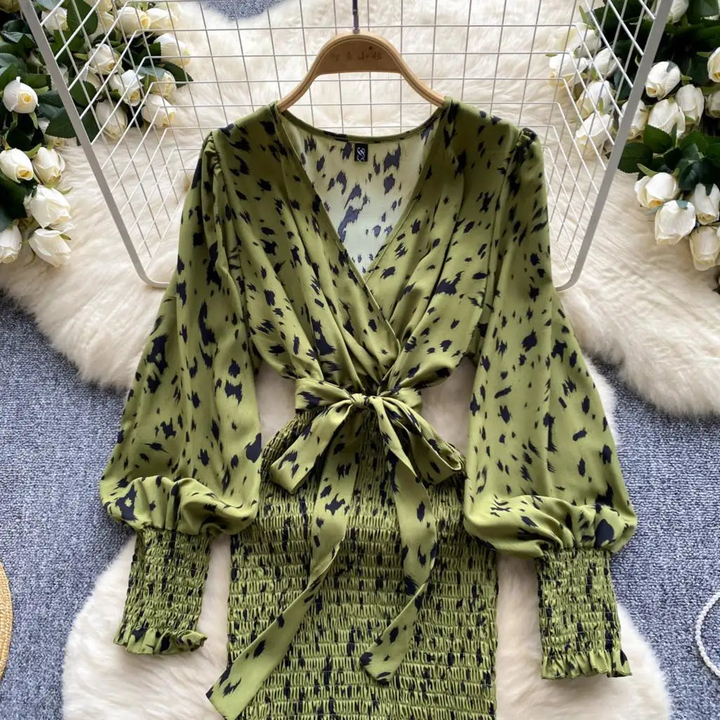 Women Casual Vintage Print Ruffle Long Dress Autumn Elegant V Neck Lantern Sleeve Party Mermaid Dresses Holiday Female Mujer New