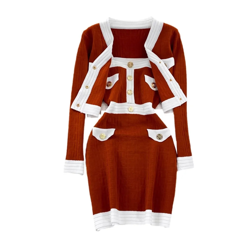 Spring Autumn New Trendy Knitted Two Piece Set for Women Vintage Elegant Slim Suits V-neck Short Cardigan+Mini Hip Wrap Dress