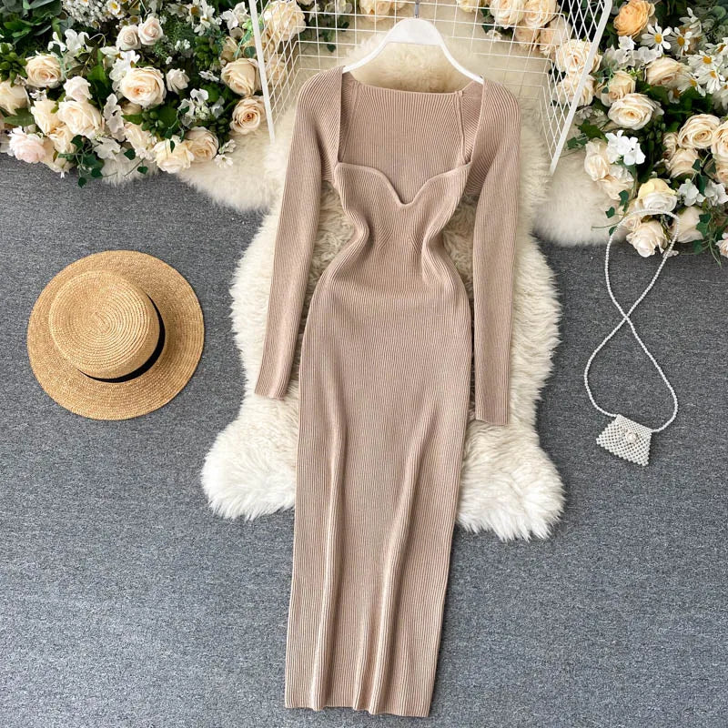 Women Long Sleeve Sexy Bodycon Dress with slit Vintage French Fashion Knit v neck Vestidos Basic Tight Elegant Slim Chic Dresses