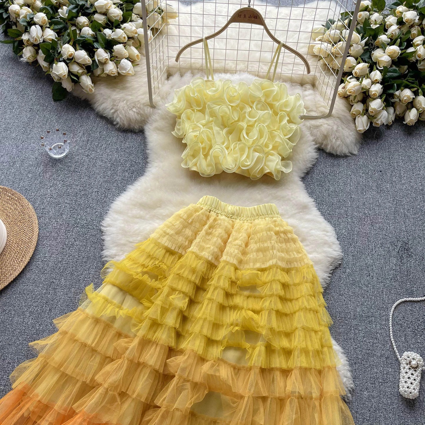 New Women Two Piece Set Summer Three-dimensional Flower Mesh Vest Tank Tops+mesh Long Skirts Fashion Korean Outfits