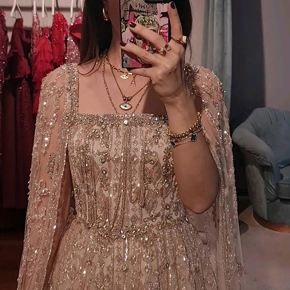Serene Hill 2024 Arabic Nude A Line Cape Sleeve Crystal Beaded Luxury Saudi Evening Dresses Gowns For Formal Occasion LA72764