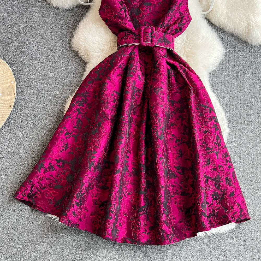 Women Vintage Floral Dresses Summer Slim A-line Sleeveless Party Dresses Ladies Elegant O-neck Casual Midi Dress Vestidos