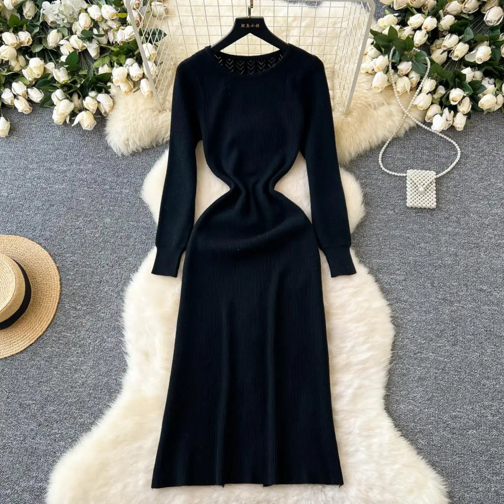 Elegant Solid Knitted Dress for Women Autumn French Vintage O-Neck Long Sleeve Fashion Evening Party Sweater Slim Midi Dresses