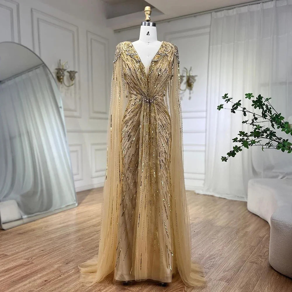 Serene Hill Turquoise Mermaid Evening Dresses Gowns 2024 with Beaded Cape Sleeves Design for Women's Wedding Party BLA72168A