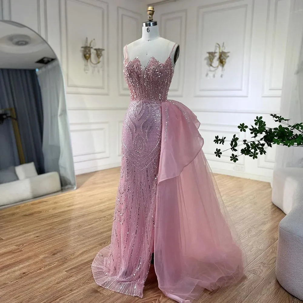 SERENE HILL 2024 Turquoise Spaghetti Strap Luxury Beaded Evening Dresses Mermaid Elegant Overskirt Gown For Women Party GLA72378