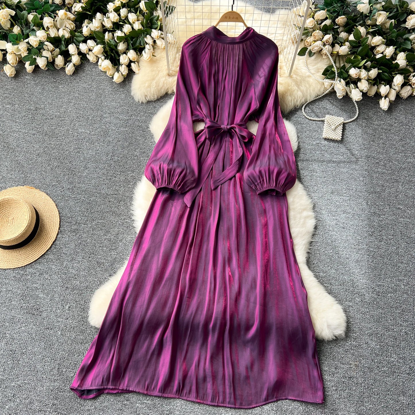 French Vintage Pleated lool sleeve print Lace-up Bow sweet Dress Casual Women Fashion summer dresses