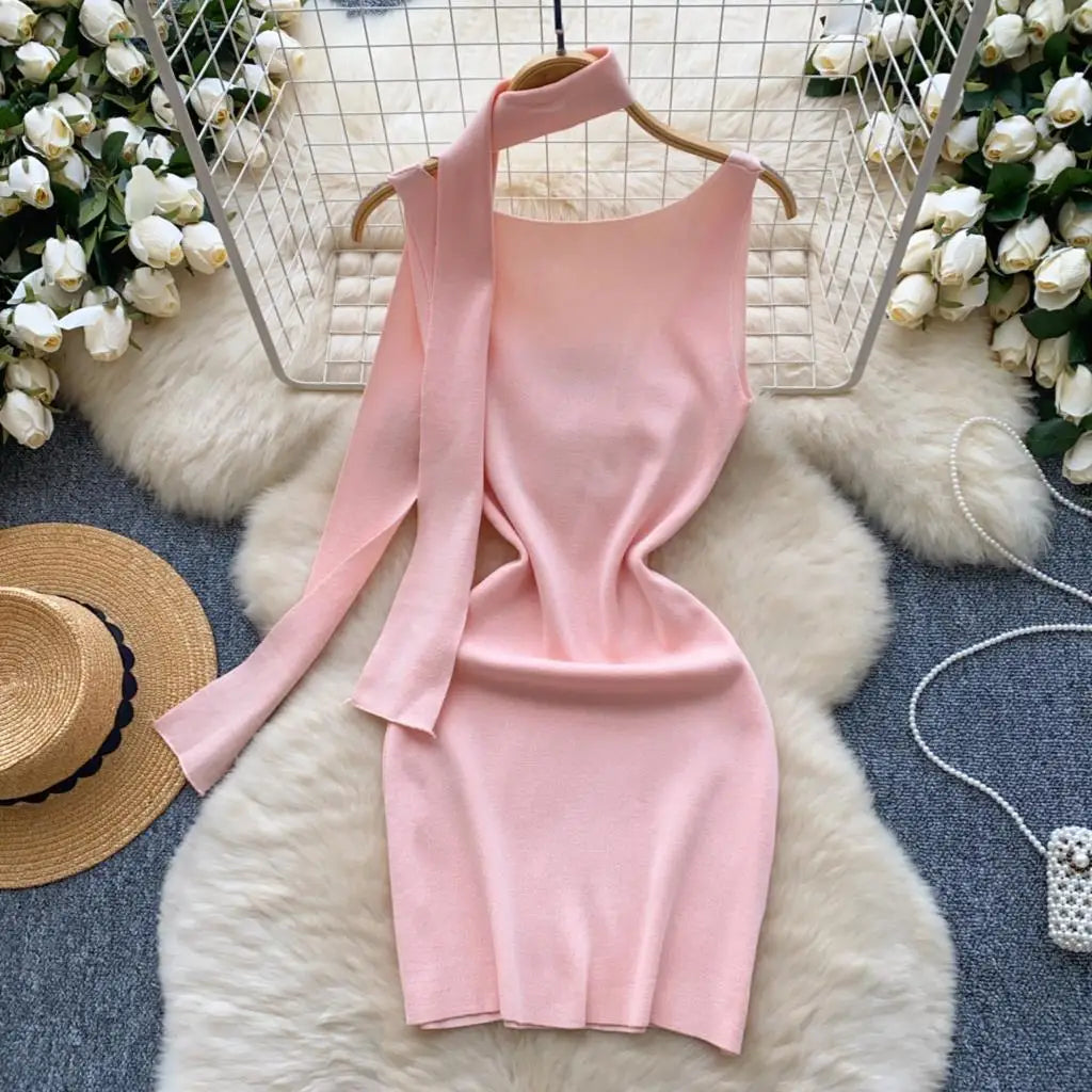 Sexy V-Neck Knitted Mini Dress for Women Elegant Spaghetti Strap Ribbon Slim Dresses One Piece Solid Female Clothes Autumn New