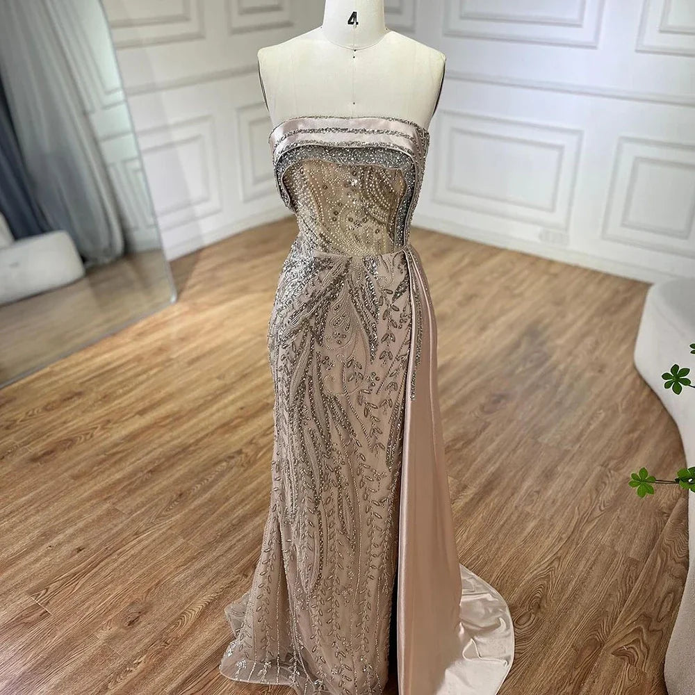 Serene Hill 2024 Arabic Nude Strapless Satin Mermaid Beaded Luxury Dubai Evening Gown with Side Skirt for Women's Party BLA72665
