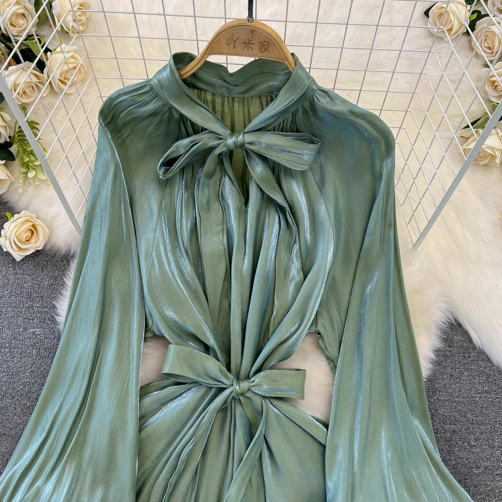 Autumn Elegant Women Fashion Party Long Dress Bow Lace Up Long Sleeve Evening Dresses A-Line Casual Vestidos One Piece Prom Robe