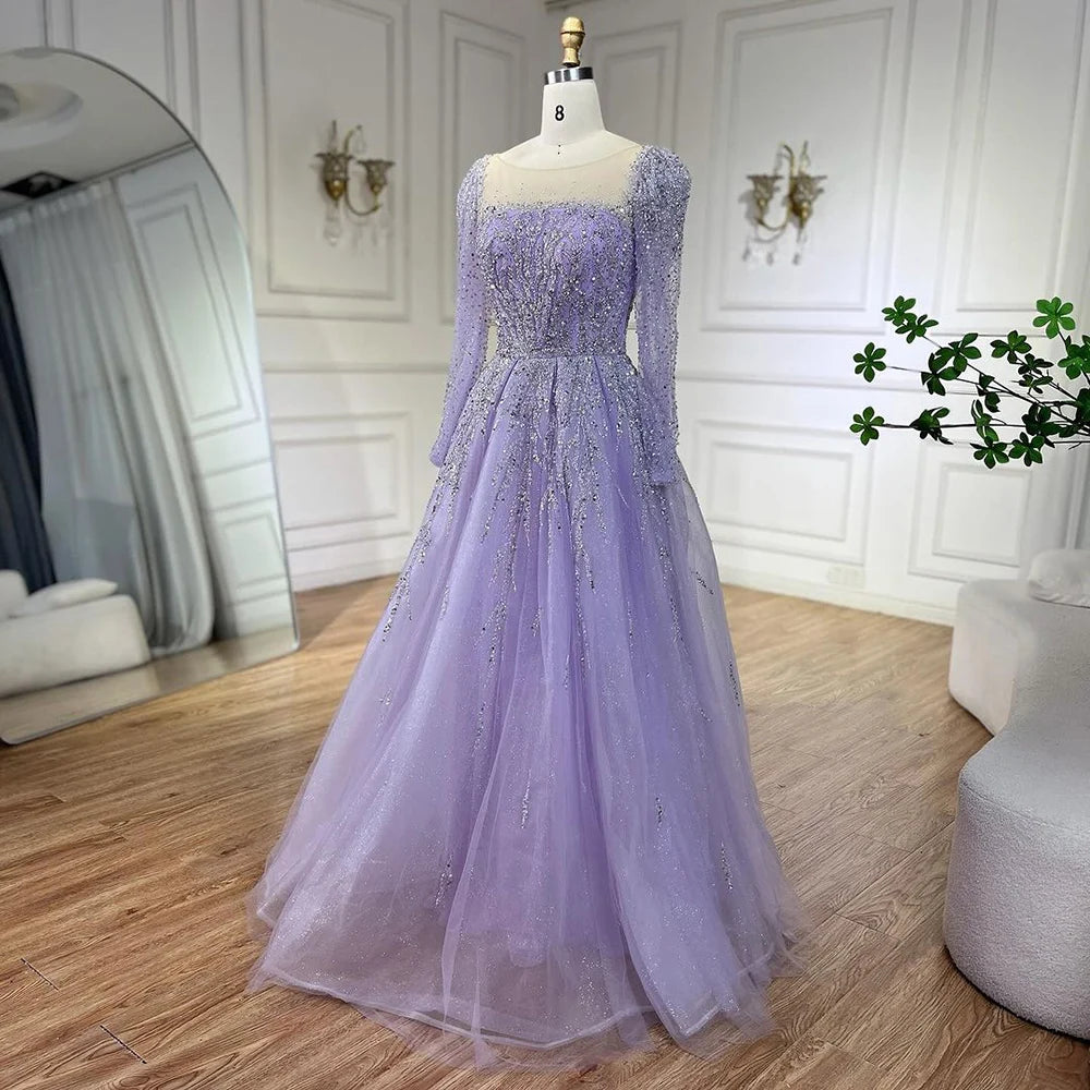 Serene Hill Muslim Pink A Line Beaded Luxury Dubai Long Evening Dresses Gowns 2024 For Woman Wedding Party LA71915