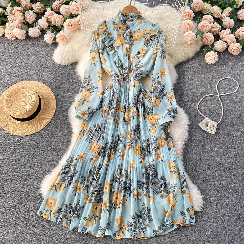 Retro Floral Print Pleated Elegant Chiffon Maxi Dress A-line Fashion Beach Vacation Party Dress Women Summer Spring Vestidos