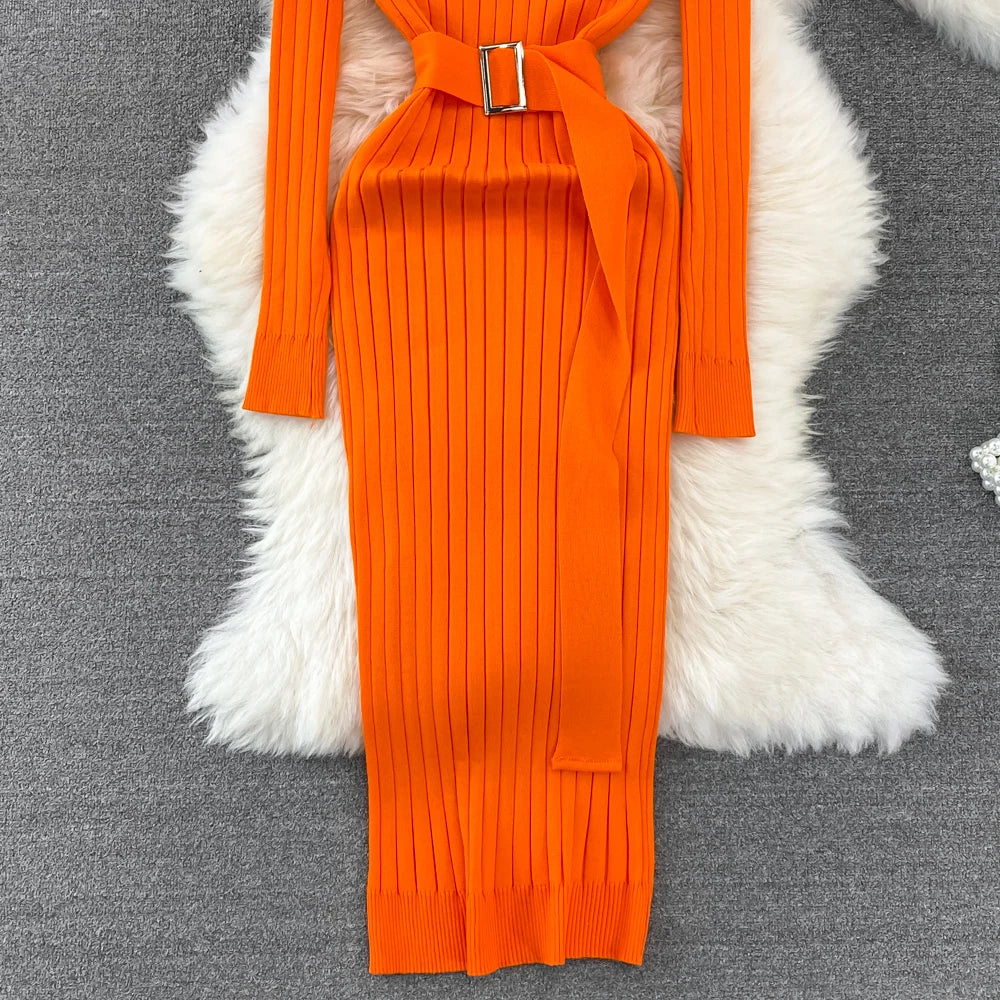 Chic Elegant Turtleneck Long Sleeve Bodycon Dress with Belt Sexy Fashion Knit Vestido Slim Autumn Winter Pencil Sweater Robe