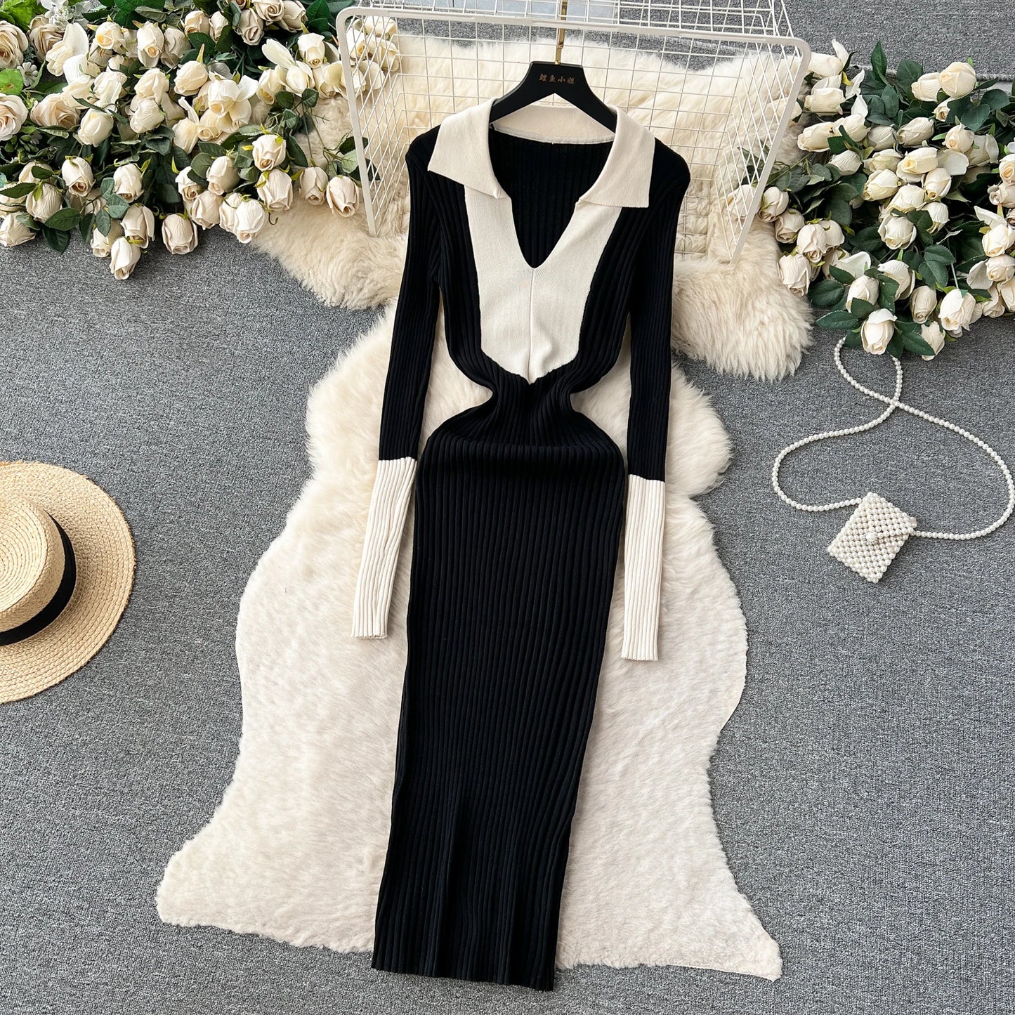 Elegant Polo-neck Long Sleeve Knit Bodycon Pencil Dress Slim Basic Fashion Sweater Vestido Sexy Women Autumn Winter Clothing