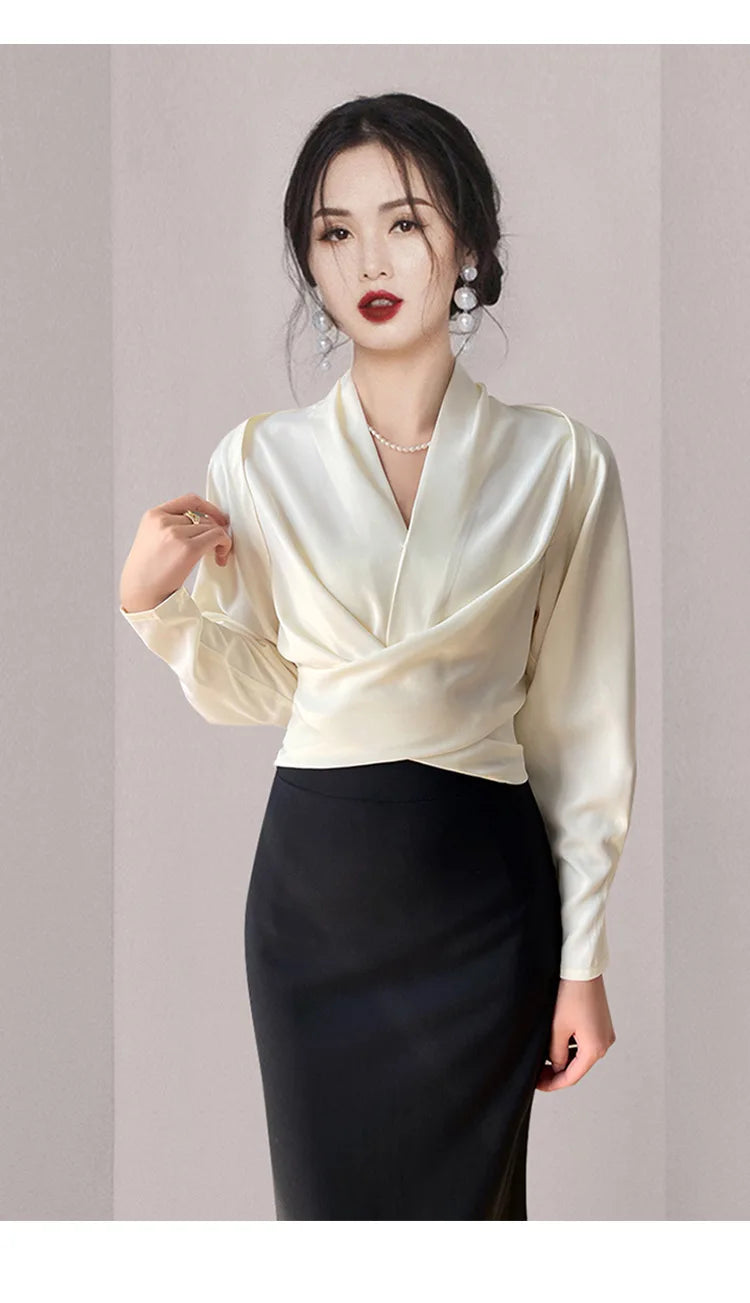 Autumn New Women's Long sleeved V-neck Shirt Top Short French Elegant Temperament Satin Effect Slimming Shirt Blouse