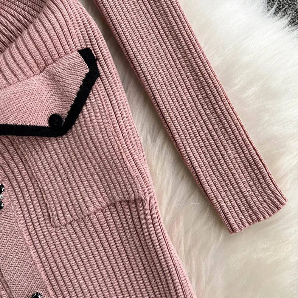 Women Elegant Chic Long Sleeve Sexy Slim Bodycon Dress Vintage Korean Fashion Knit Tight Vestido Autumn Winter Sweater Robe