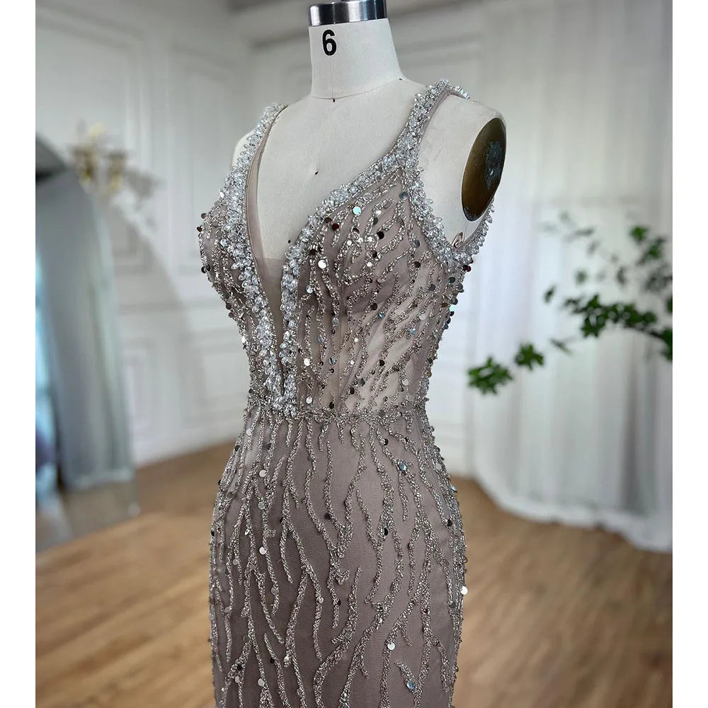 Serene Hill Pink Mermaid High Split Luxury Evening Dresses Feather Beaded Gowns Long 2024 For Women Wedding Party LA72152