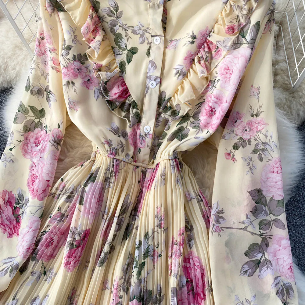 Retro Floral Print Pleated Elegant Chiffon Maxi Dress A-line Fashion Beach Vacation Party Dress Women Summer Spring Vestidos