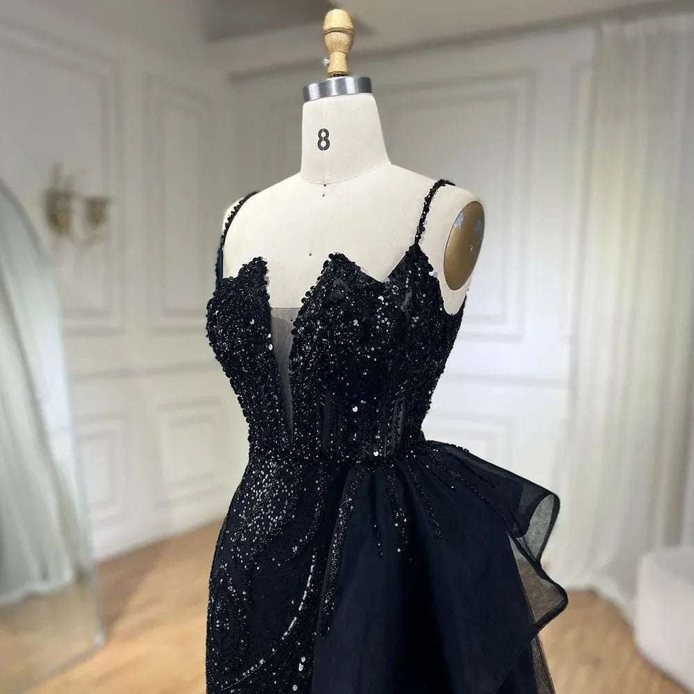 SERENE HILL 2024 Turquoise Spaghetti Strap Luxury Beaded Evening Dresses Mermaid Elegant Overskirt Gown For Women Party GLA72378