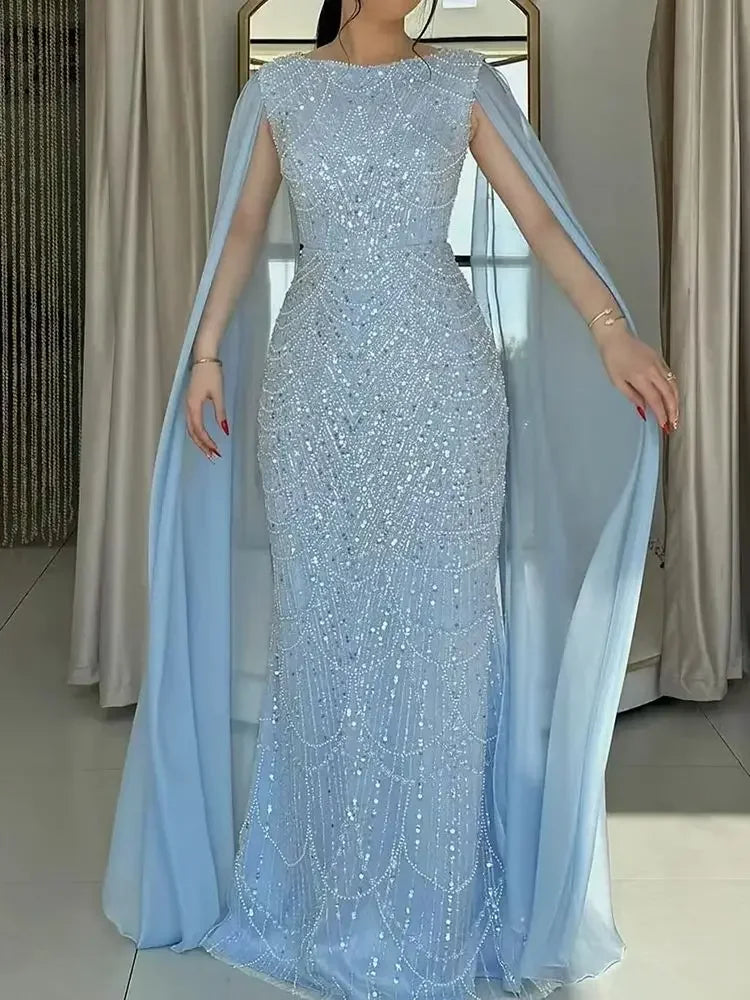 Serene Hill 2024 Saudi Arabia Blue Mermaid Cape Sleeve Luxury Beaded Evening Gown for Formal Occasion LA72160A