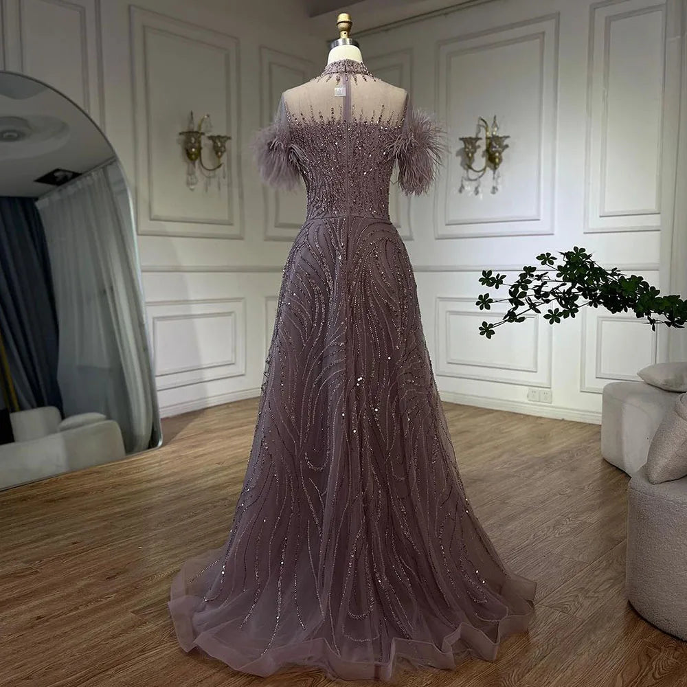 Serene Hill 2024 Arabic blue A Line Short Sleeveless Luxury Evening Dresses Beaded Feathers For Women Wedding Party LA72351