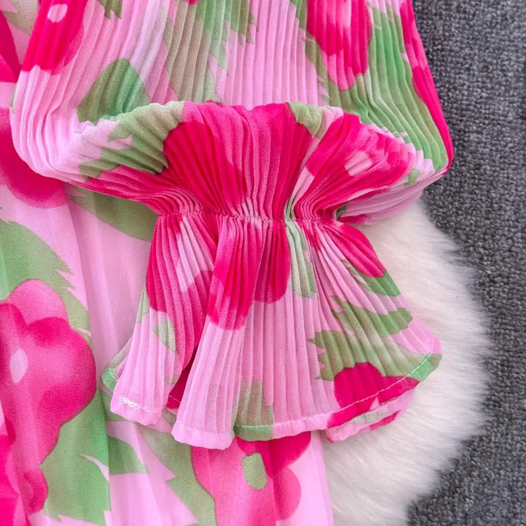 Summer Vintage Casual A-Line Floral Print Women Dress Elegant Chic Pleated Party Prom Vestidos with Belted Female Long Robe