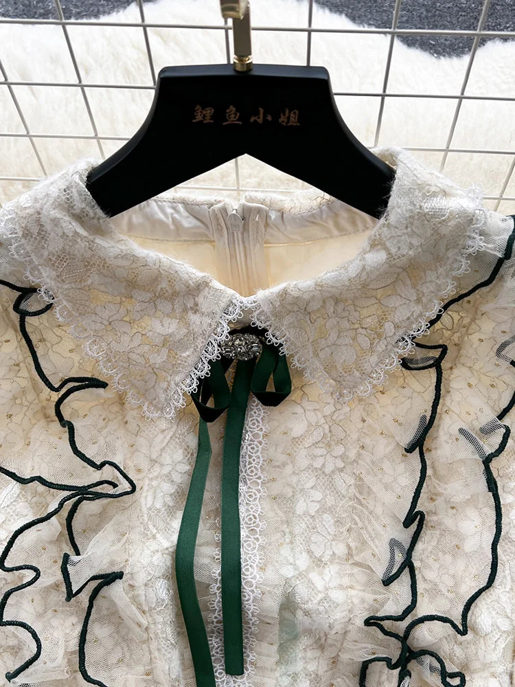 Winter Clothes Women Dresses Long Sleeve Lace Patchwork Textured Tweed Dress Ruffled Trim Lapel Collar Bow Elegant Mini Dress