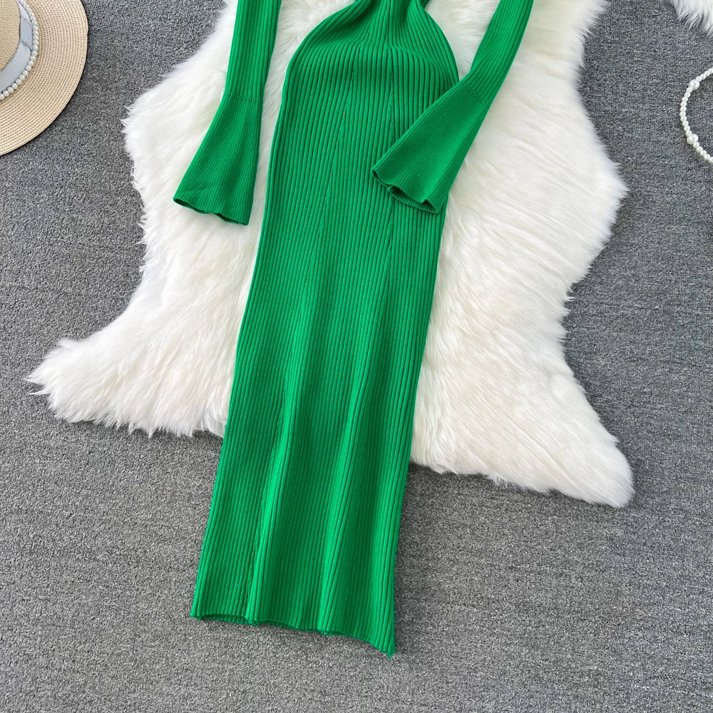 Women Chic Elegant Long Sleeve Bodycon Vneck Dress Sexy French Fashion Knit Wrap Vestidos Elastic Slim Pencil Sweater Dress