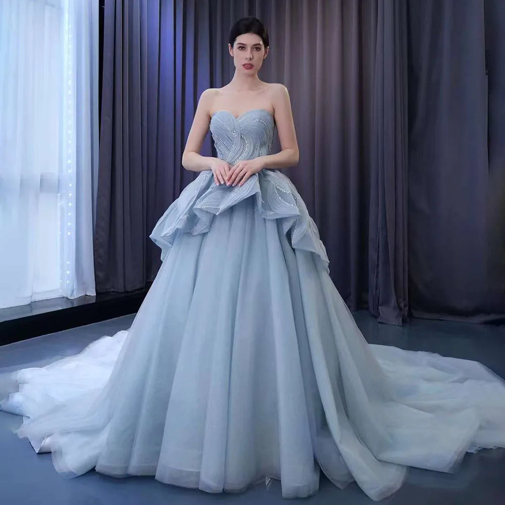 Serene Hill High End Custom Made Gray Blue Strapless Lace Up Beaded Luxury Ball Gown Bride Gowns Wedding Dress HM231064