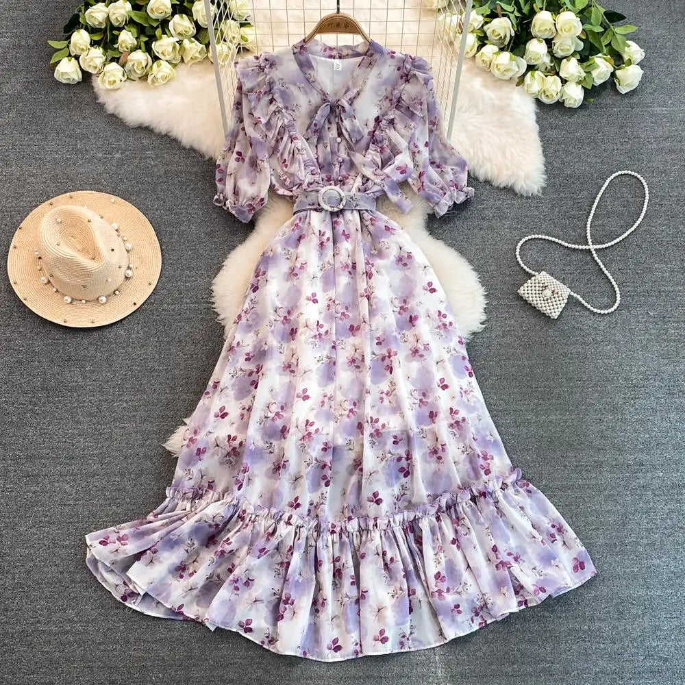 Summer Women Fashion Floral Print Casual Midi Dress Short Sleeve A-Line Maxi Boho Holiday Clothes Female Long Robe Mujers New