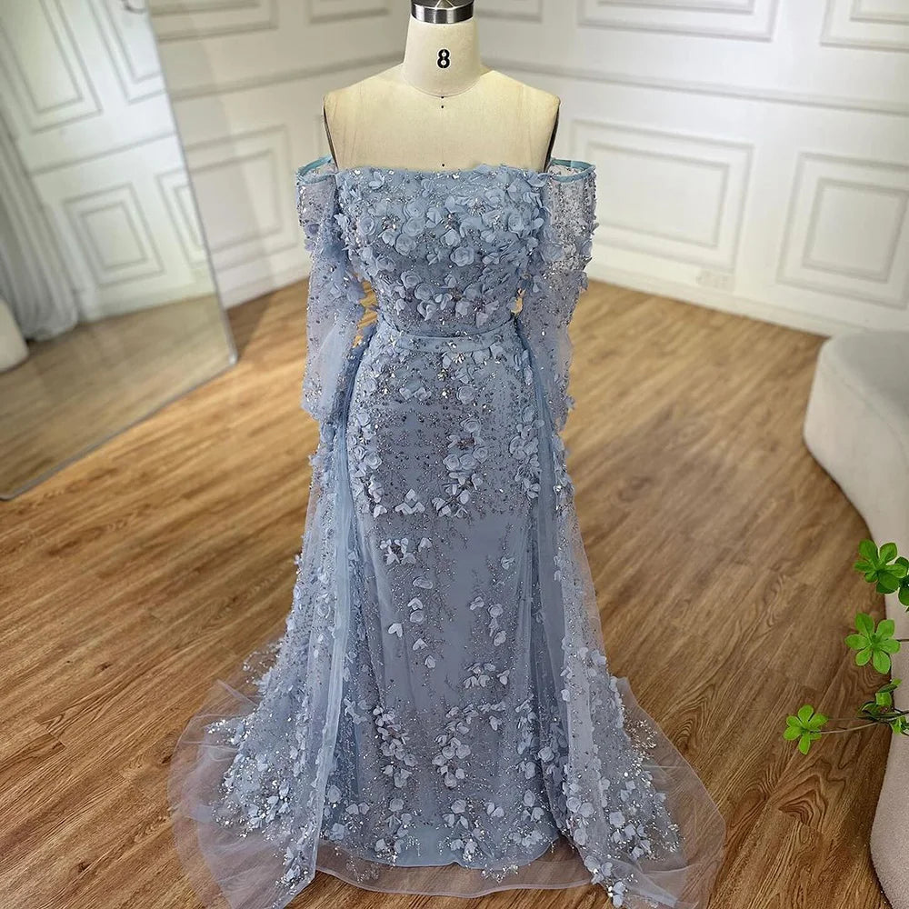 Serene Hill 2024 Pink Strapless Back Lace-Up Mermaid Evening Gown with Overskirt and Appliques for Women | Wedding Party LA72641