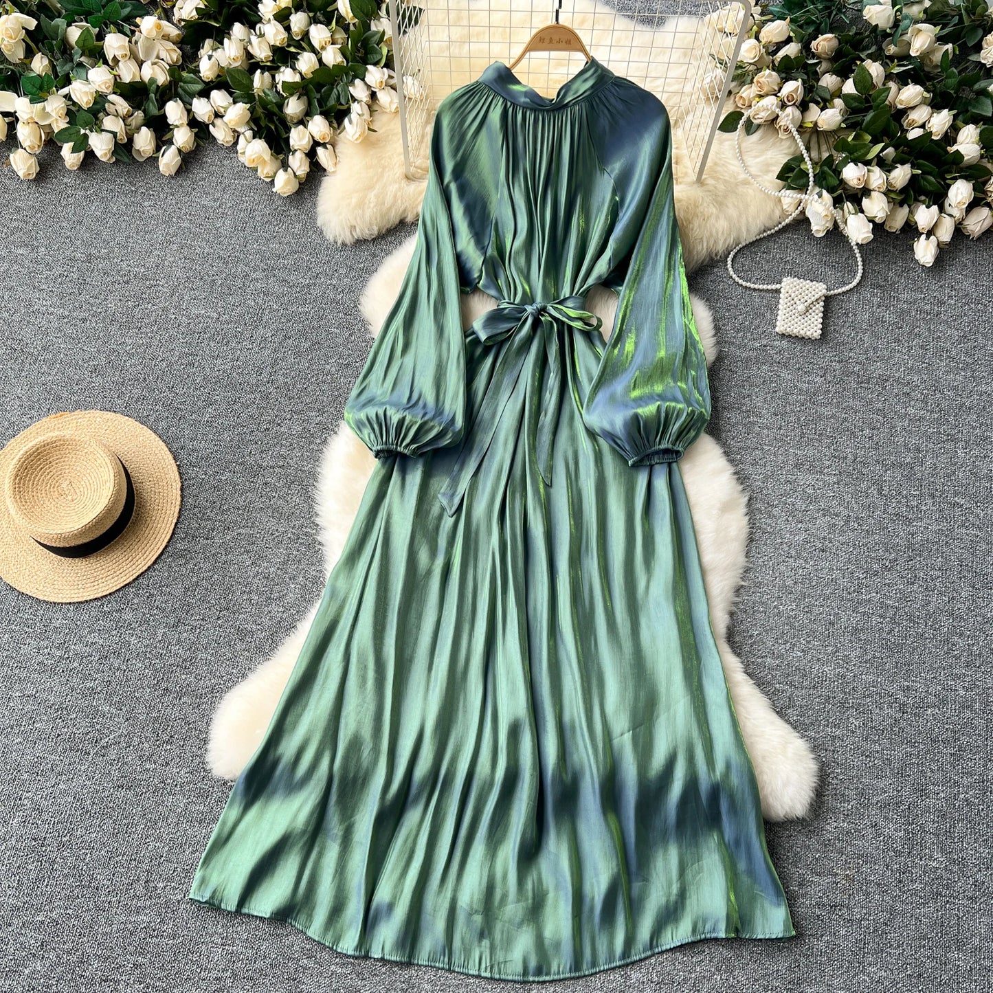 French Vintage Pleated lool sleeve print Lace-up Bow sweet Dress Casual Women Fashion summer dresses