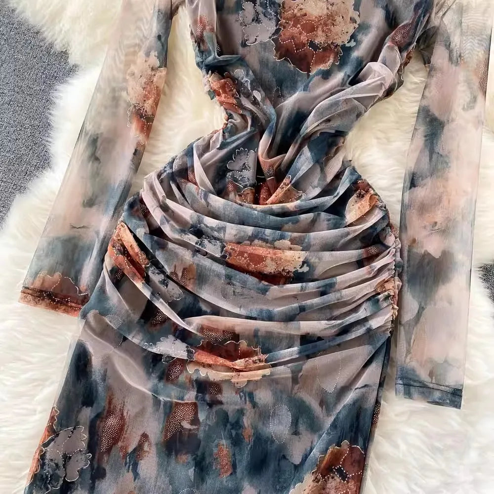 Elegant High Waist Fashion Print Pleated Split Dress Long Sleeve Square Neck Vestidos Autumn Winter Pencil Dress