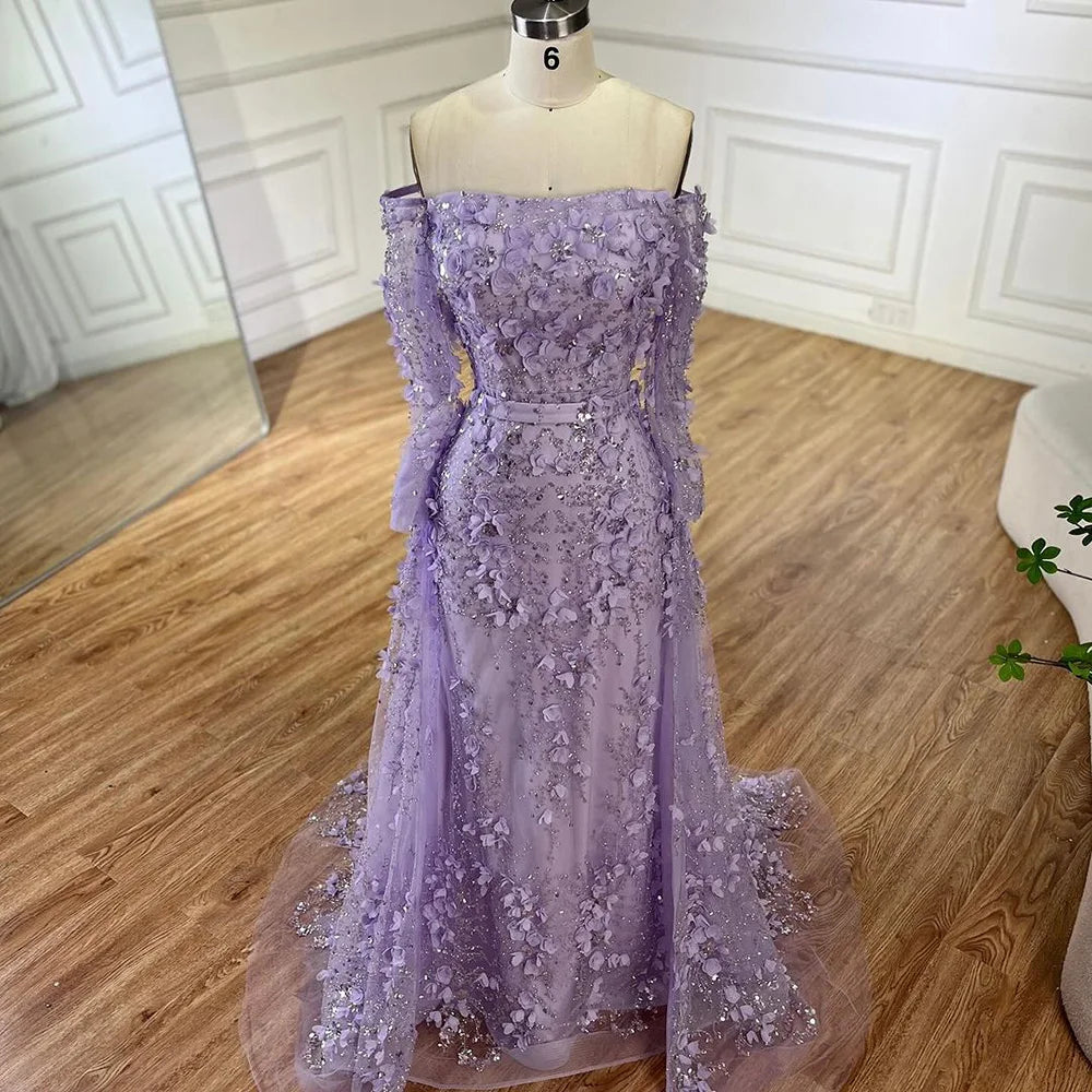 Serene Hill 2024 Pink Strapless Back Lace-Up Mermaid Evening Gown with Overskirt and Appliques for Women | Wedding Party LA72641