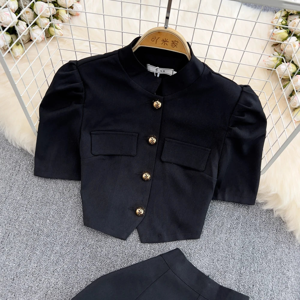 Chic Two Pieces Sets Sexy Single Breasted puff sleeve sweet blouse with Fashion basics A-line Skirt Vacation Sets