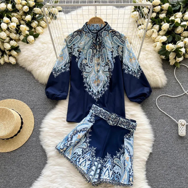 Spring Summer Retro Print Two Piece Set Women Lantern Sleeves Standing Neck Blouse Top+High Waist Wide Leg Shorts Elegant Suits