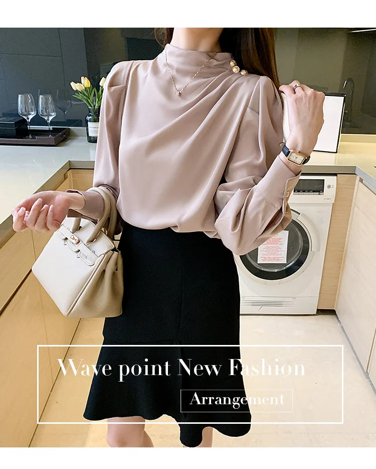 Autumn New Women's Style Stand up Collar Pleated Long Sleeve Top Fashion Lantern Sleeve Loose Elegant Solid Color Shirt Blouse