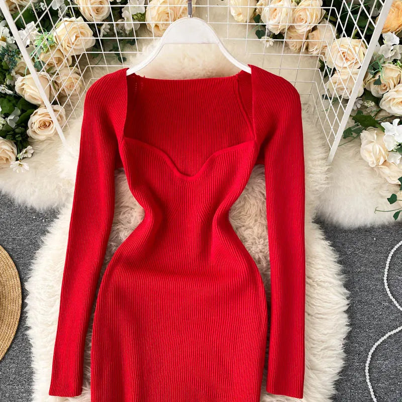 Women Long Sleeve Sexy Bodycon Dress with slit Vintage French Fashion Knit v neck Vestidos Basic Tight Elegant Slim Chic Dresses