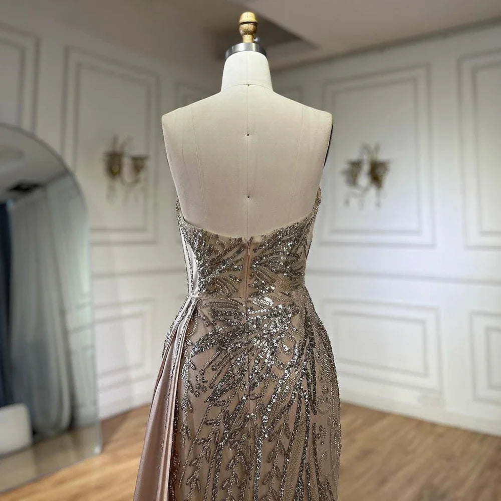 Serene Hill 2024 Arabic Nude Strapless Satin Mermaid Beaded Luxury Dubai Evening Gown with Side Skirt for Women's Party BLA72665