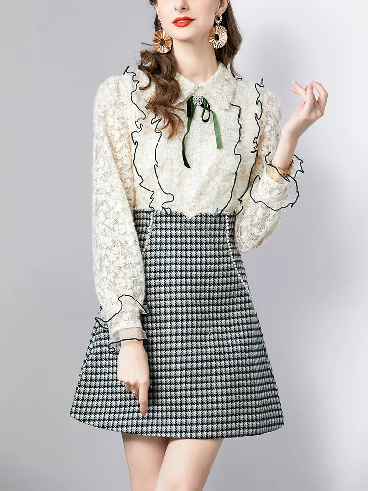 Winter Clothes Women Dresses Long Sleeve Lace Patchwork Textured Tweed Dress Ruffled Trim Lapel Collar Bow Elegant Mini Dress