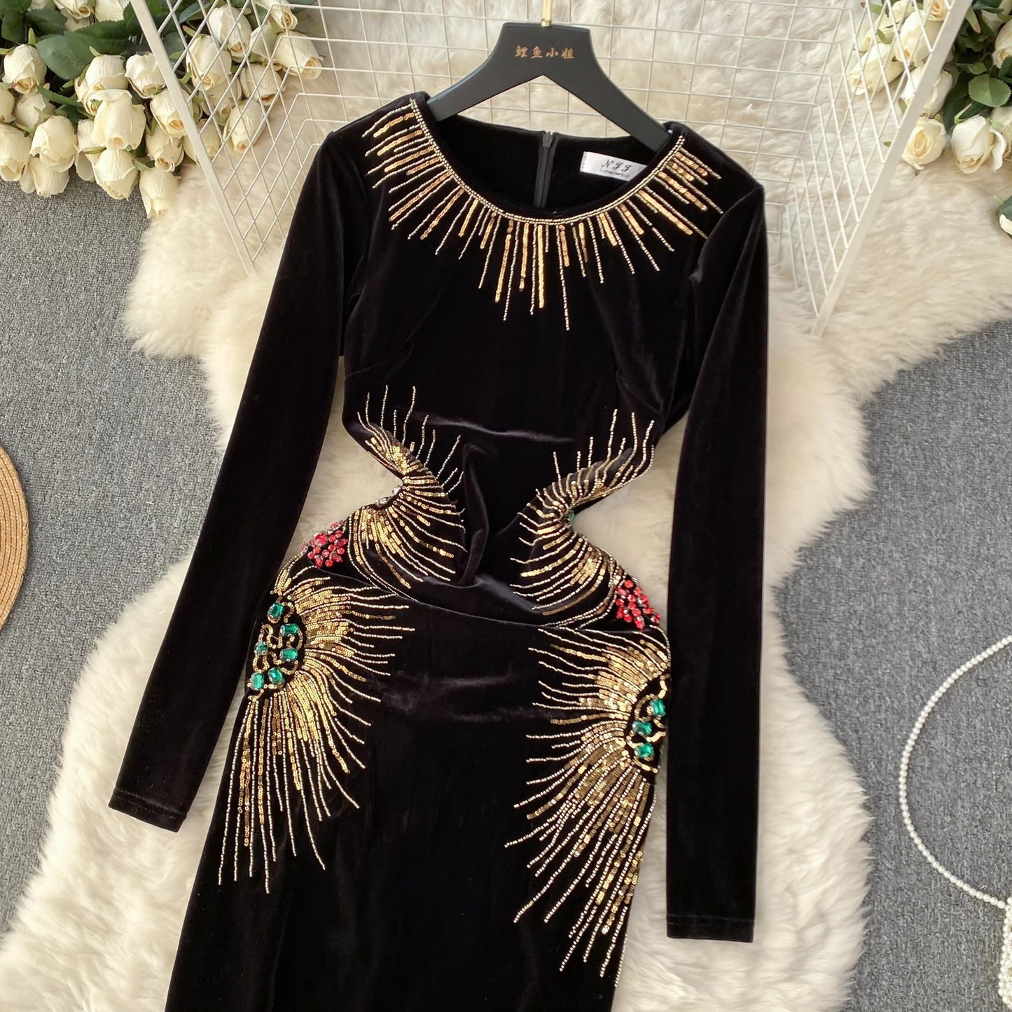 Chic Elegant Long Sleeve O Neck Rhine Stone Sequin Velvet Dress Sexy Vestidos High Waist Women Autumn Ceremonial Dress