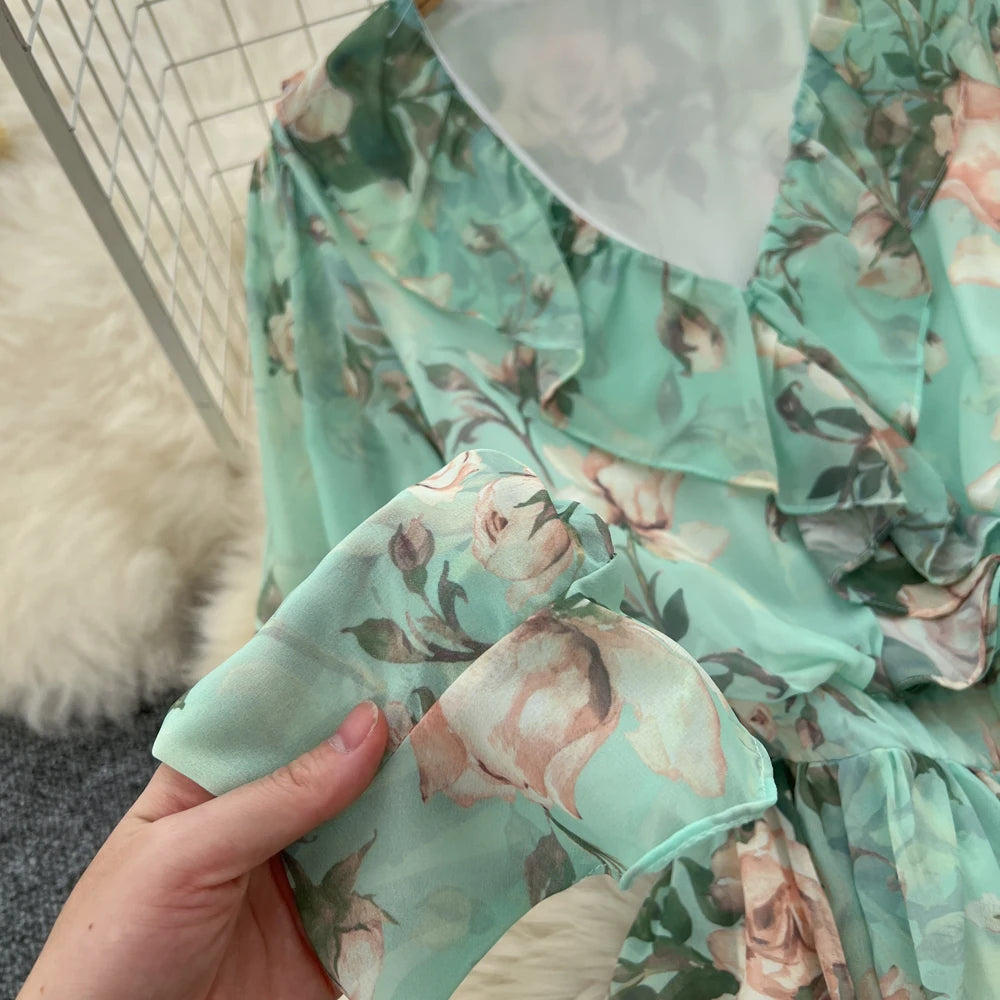 Women Elegant Floral Print Dress for Women Vintage V-Neck Long Sleeves Chiffon Slim A-Line Vestidos Mujer Autumn Female Clothes