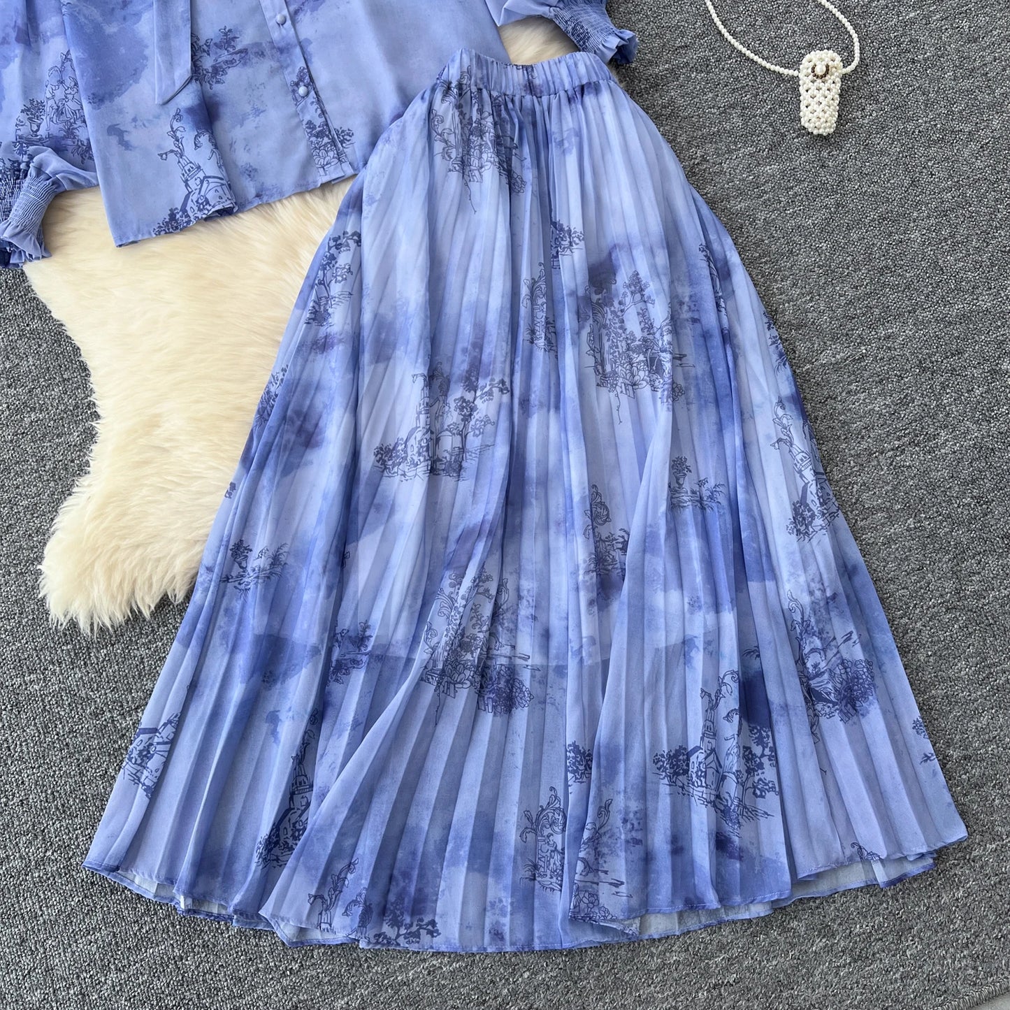 Women Chic Print Sweet Two Pieces Sets Bow Lantern Long Sleeve Top High Waitst Wide Skirt Fashion Summer Sets