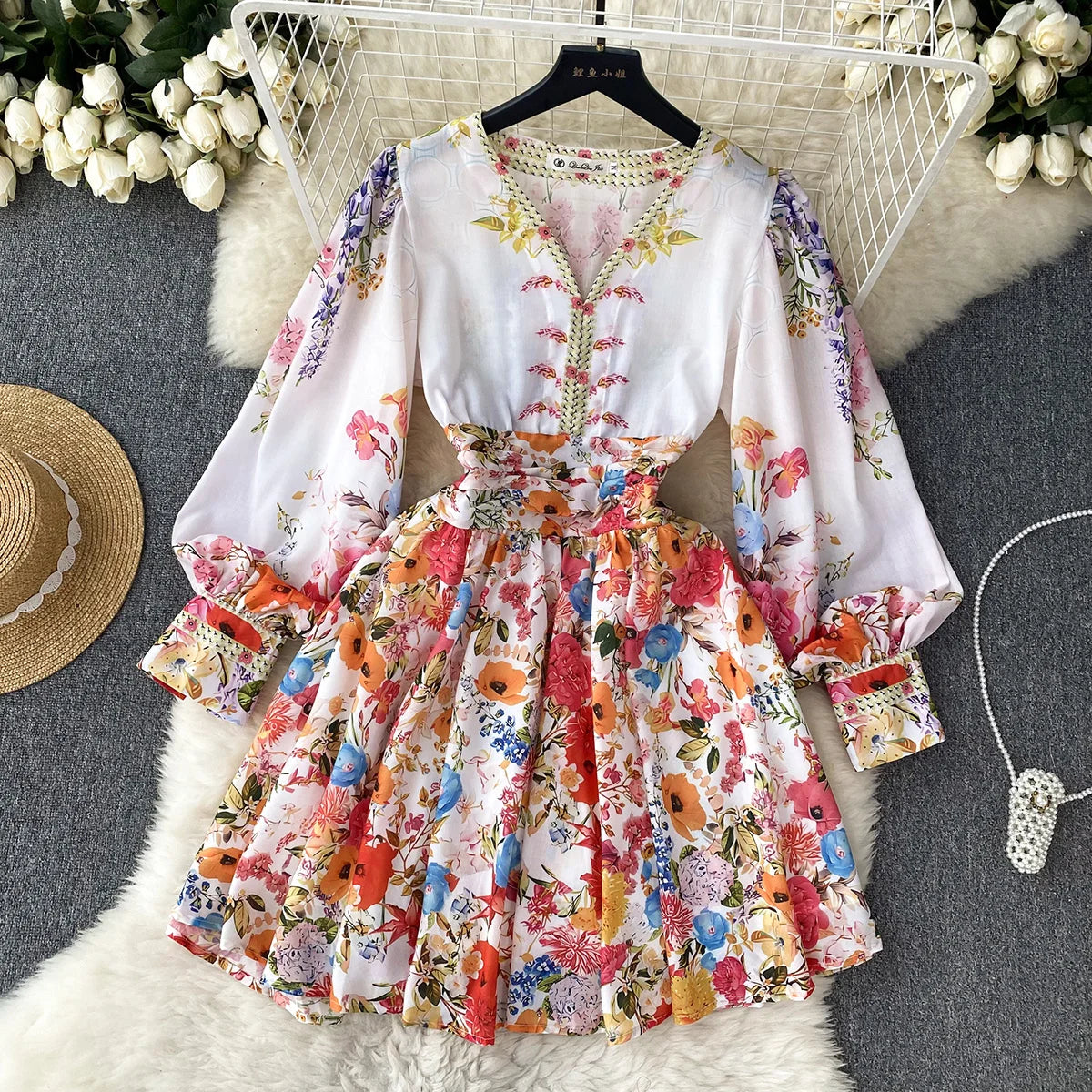 Short Dresses 2023 Fashion Women Clothing Party Elegant Vintage Floral Print Dress Womens V Neck Long Sleeve Mini Vacation Dress
